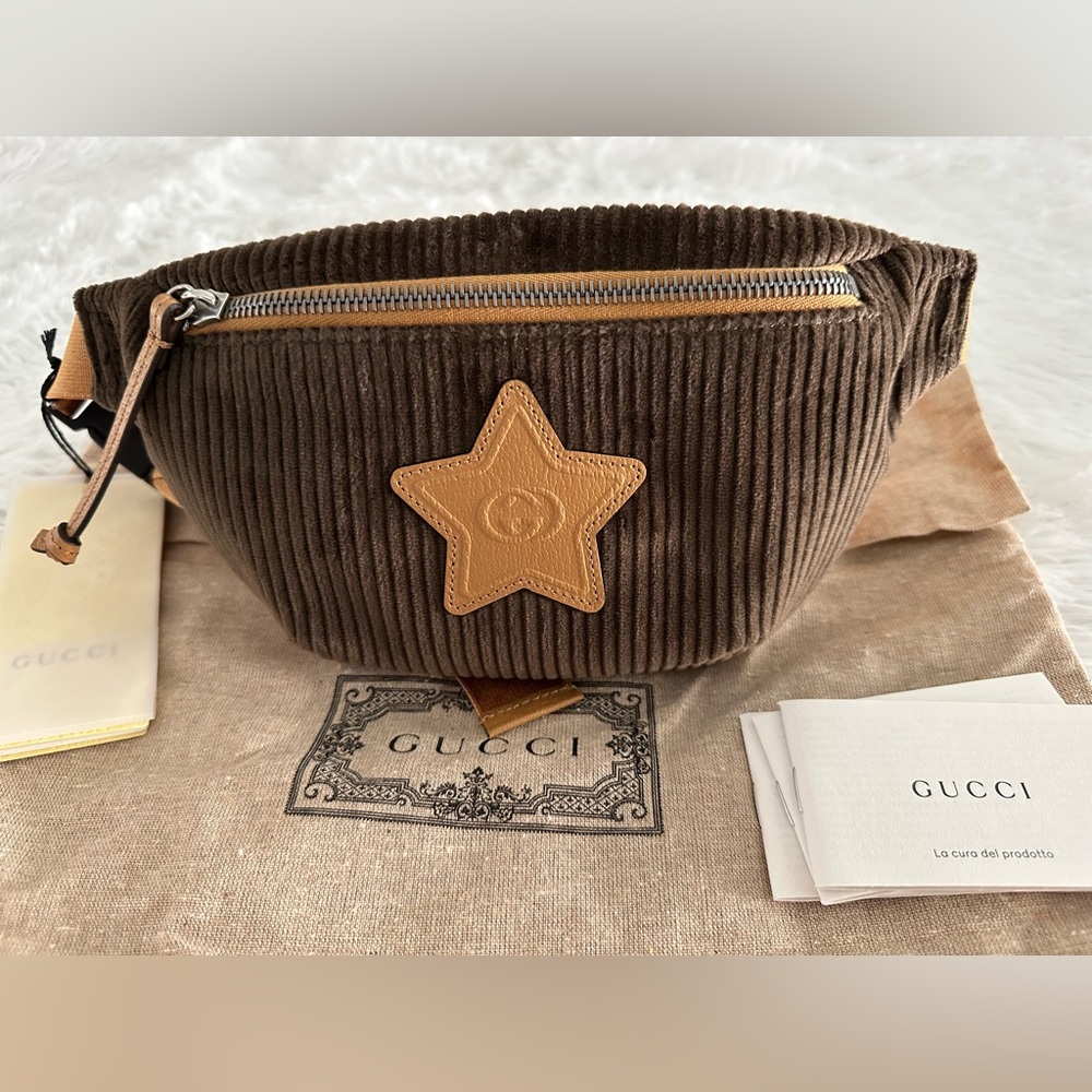 GUCCI Interlocking G Star Childrens Kids Crossbody Belt Bag Fanny Brown Corduroy